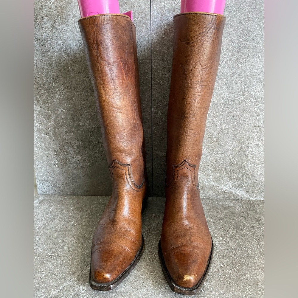 Frye Boot Vintage 60-70s Black Label Brown Saddle Thick Leather Size 8C